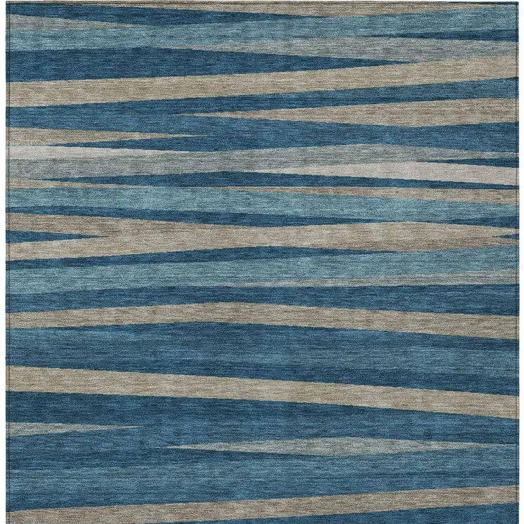 9' X 12' Denim Blue And Gray Striped Washable Indoor Outdoor Area Rug