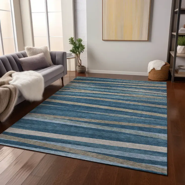 9' X 12' Denim Blue And Gray Striped Washable Indoor Outdoor Area Rug