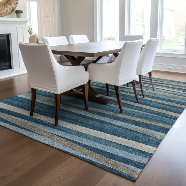 9' X 12' Denim Blue And Gray Striped Washable Indoor Outdoor Area Rug