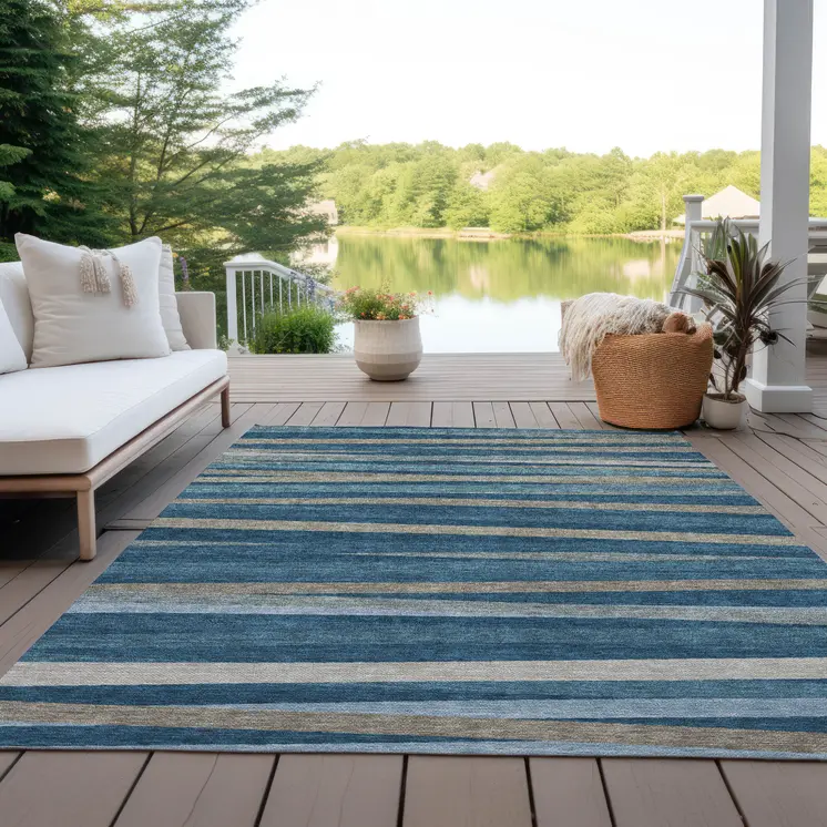 10' X 14' Denim Blue And Gray Striped Washable Indoor Outdoor Area Rug