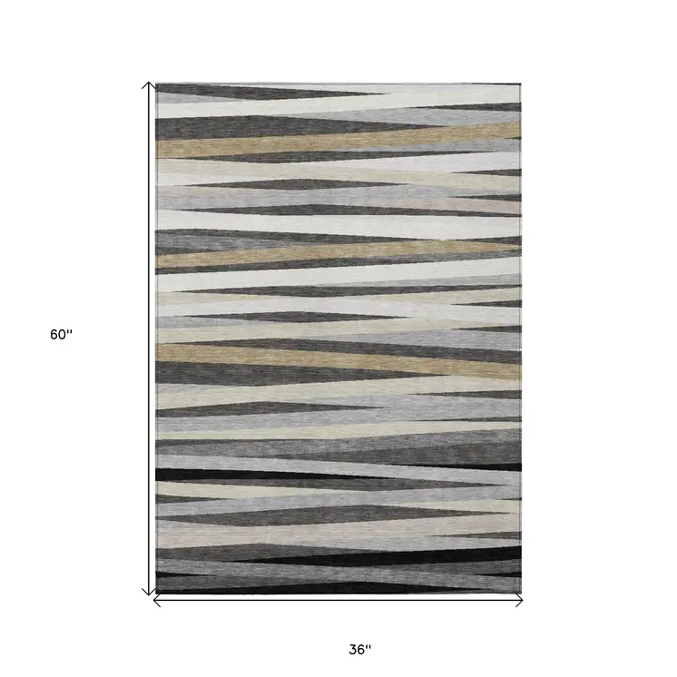3' X 5' Gray Ivory And Beige Striped Washable Indoor Outdoor Area Rug