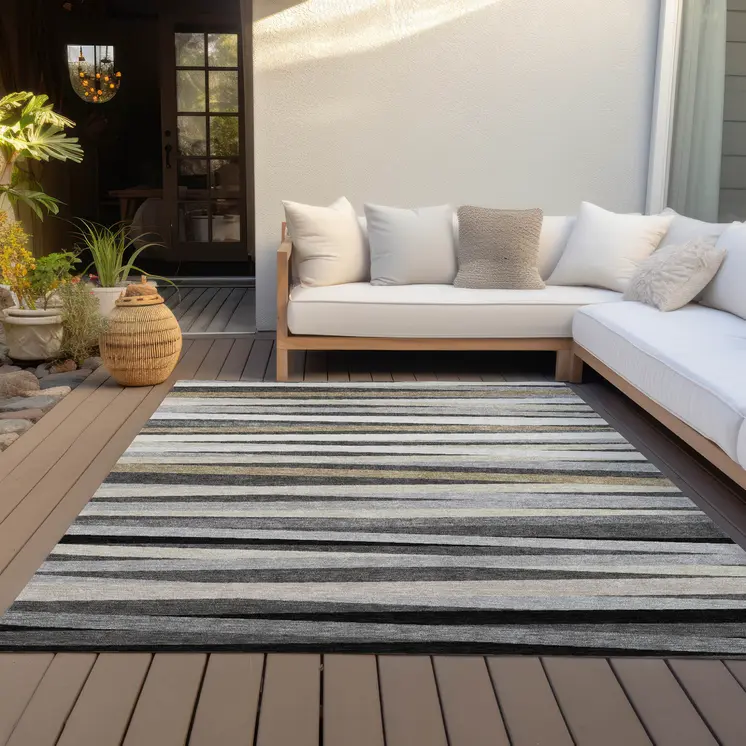 3' X 5' Gray Ivory And Beige Striped Washable Indoor Outdoor Area Rug