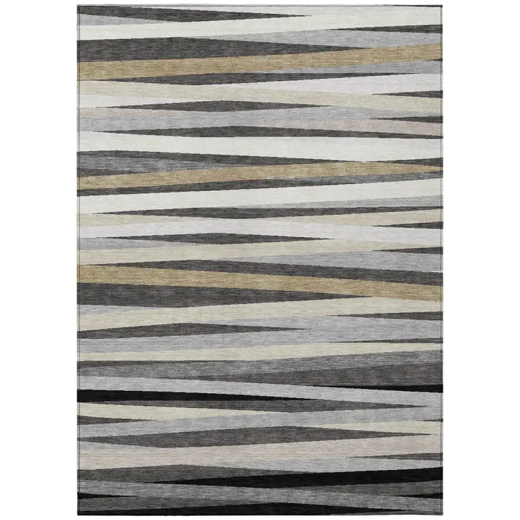 3' X 5' Gray Ivory And Beige Striped Washable Indoor Outdoor Area Rug