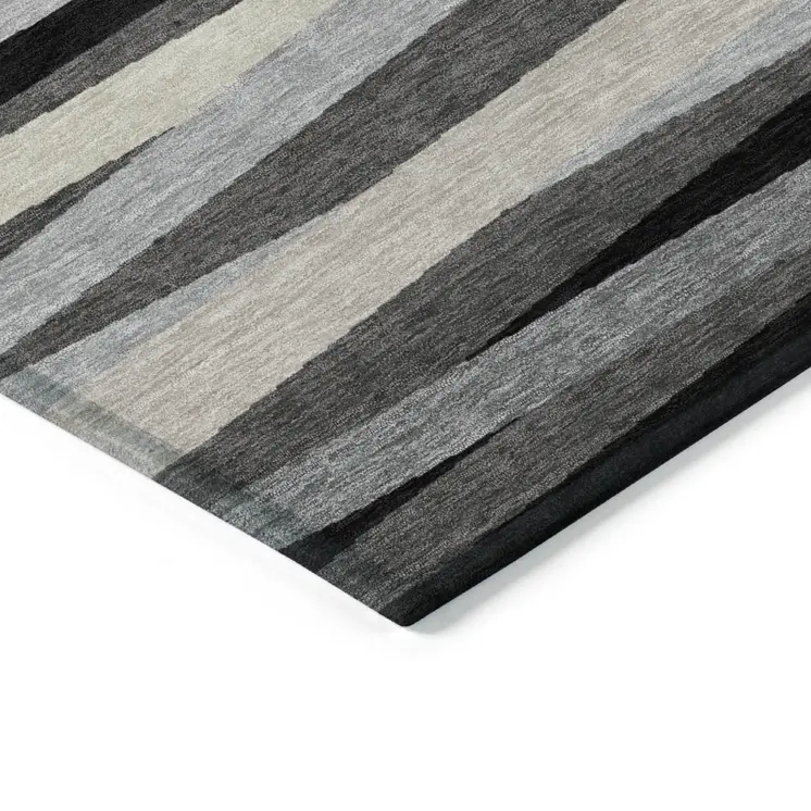 3' X 5' Gray Ivory And Beige Striped Washable Indoor Outdoor Area Rug