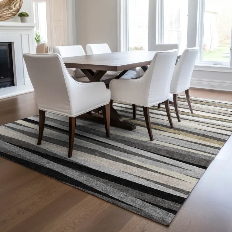 3' X 5' Gray Ivory And Beige Striped Washable Indoor Outdoor Area Rug