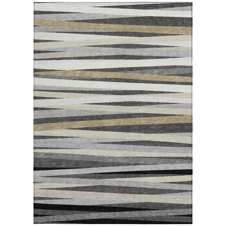 5' X 8' Gray Ivory And Beige Striped Washable Indoor Outdoor Area Rug