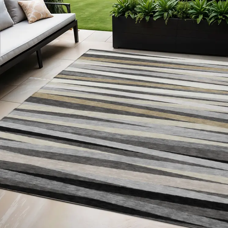 5' X 8' Gray Ivory And Beige Striped Washable Indoor Outdoor Area Rug