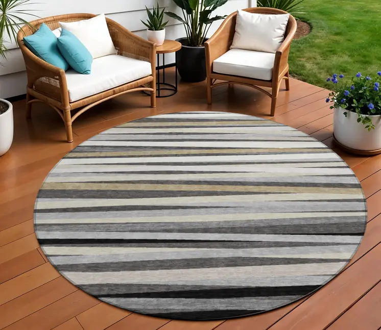 8' Gray Ivory And Beige Round Striped Washable Indoor Outdoor Area Rug