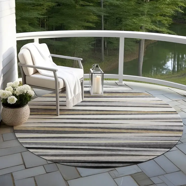 8' Gray Ivory And Beige Round Striped Washable Indoor Outdoor Area Rug