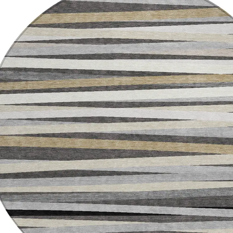 8' Gray Ivory And Beige Round Striped Washable Indoor Outdoor Area Rug