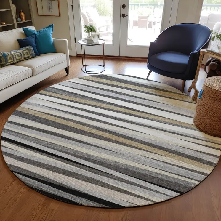 8' Gray Ivory And Beige Round Striped Washable Indoor Outdoor Area Rug