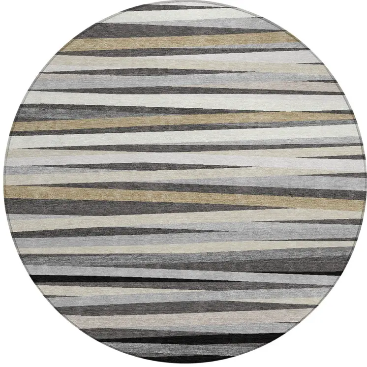 8' Gray Ivory And Beige Round Striped Washable Indoor Outdoor Area Rug