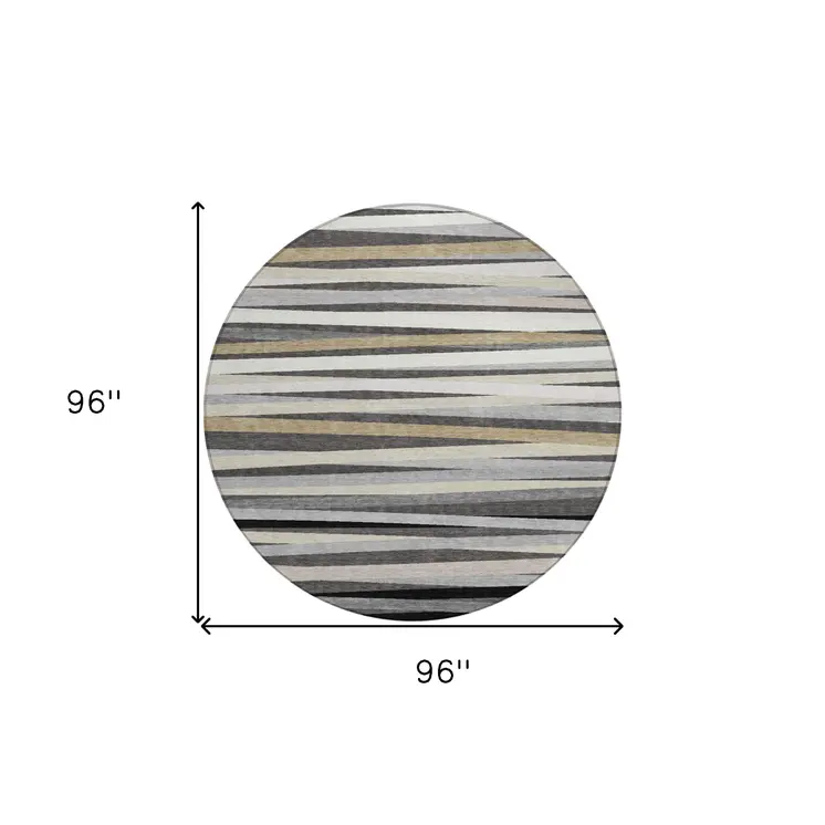 8' Gray Ivory And Beige Round Striped Washable Indoor Outdoor Area Rug