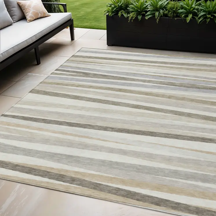 5' X 8' Ivory And Gray Striped Washable Indoor Outdoor Area Rug