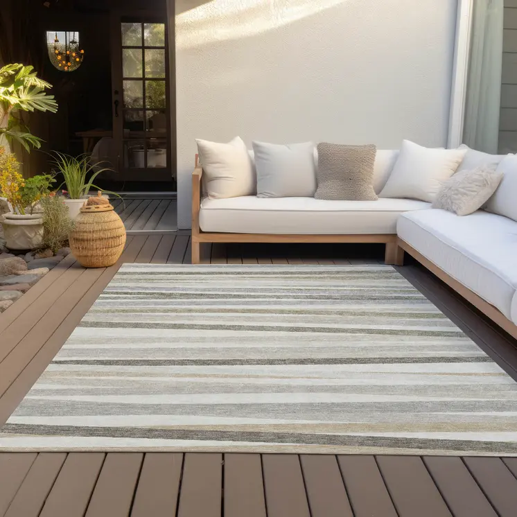 5' X 8' Ivory And Gray Striped Washable Indoor Outdoor Area Rug