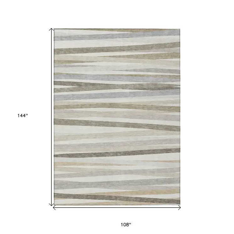 9' X 12' Ivory And Gray Striped Washable Indoor Outdoor Area Rug