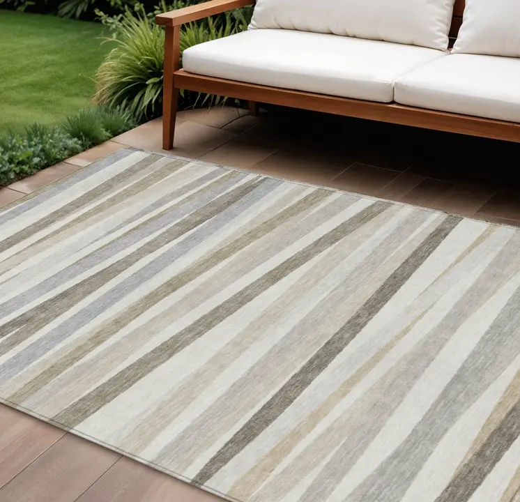 9' X 12' Ivory And Gray Striped Washable Indoor Outdoor Area Rug