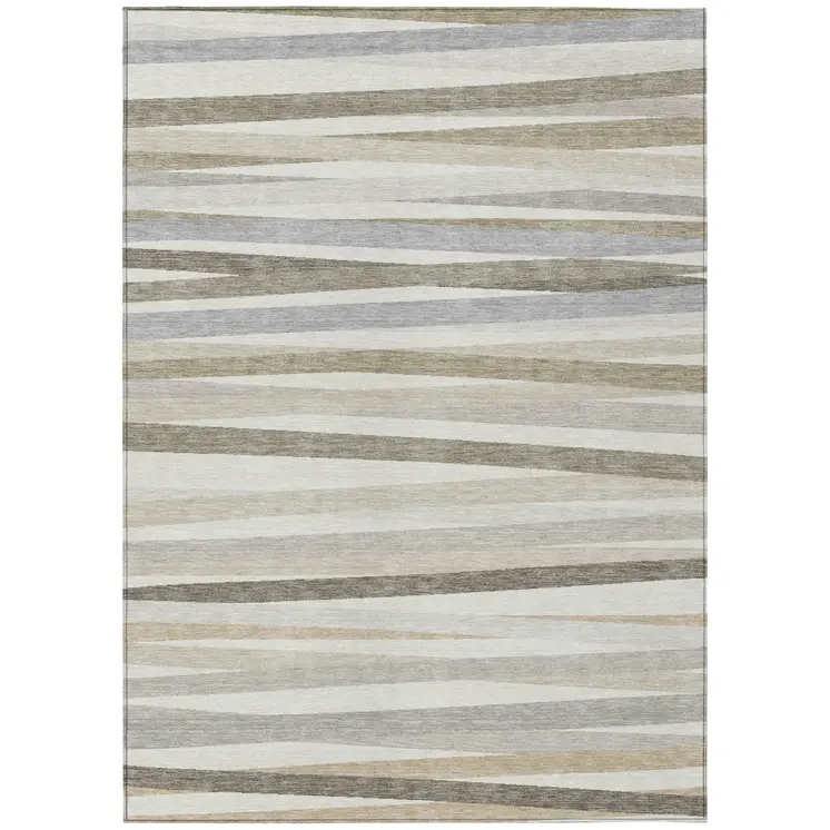 9' X 12' Ivory And Gray Striped Washable Indoor Outdoor Area Rug