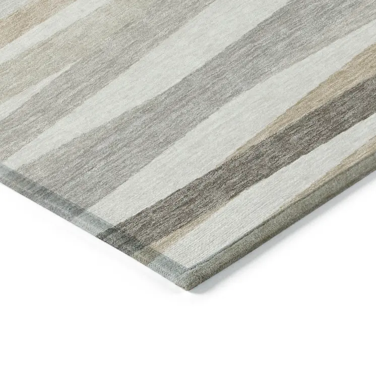 9' X 12' Ivory And Gray Striped Washable Indoor Outdoor Area Rug