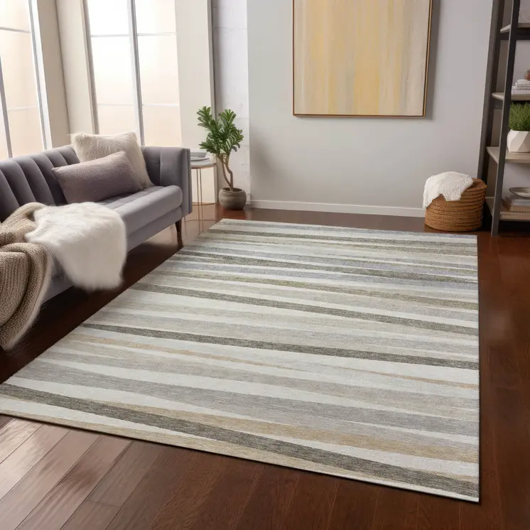 9' X 12' Ivory And Gray Striped Washable Indoor Outdoor Area Rug