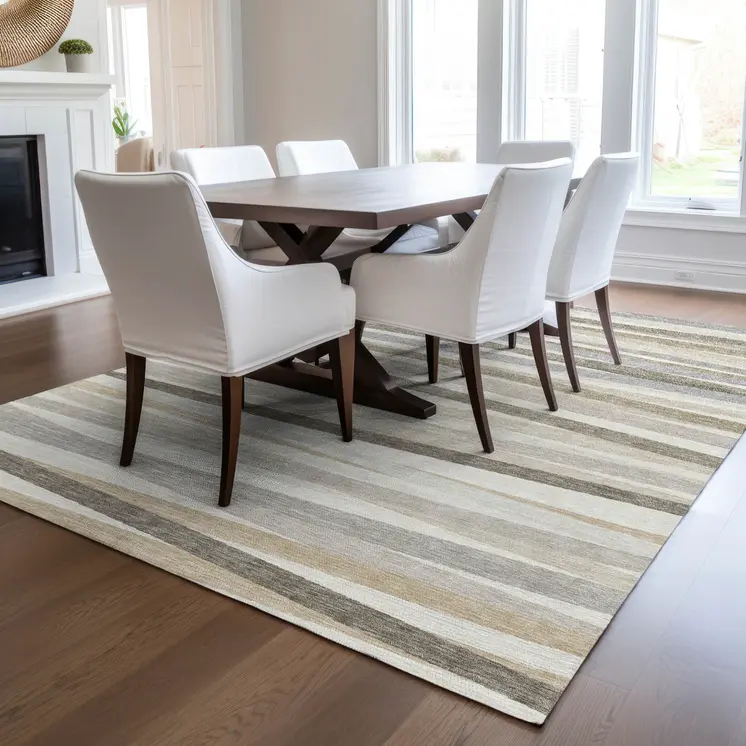 9' X 12' Ivory And Gray Striped Washable Indoor Outdoor Area Rug