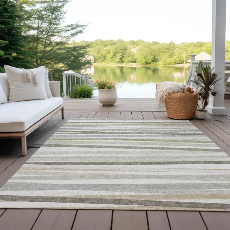 9' X 12' Ivory And Gray Striped Washable Indoor Outdoor Area Rug