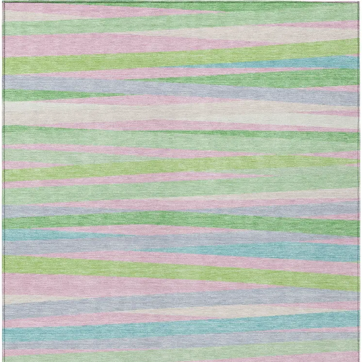 3' X 5' Mint Green Pink And Blue Striped Washable Indoor Outdoor Area Rug