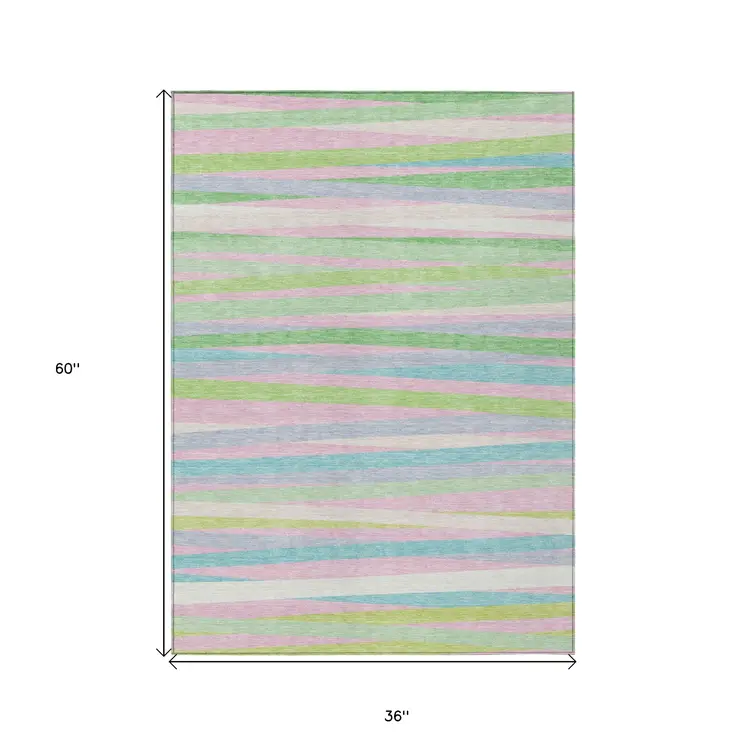 3' X 5' Mint Green Pink And Blue Striped Washable Indoor Outdoor Area Rug