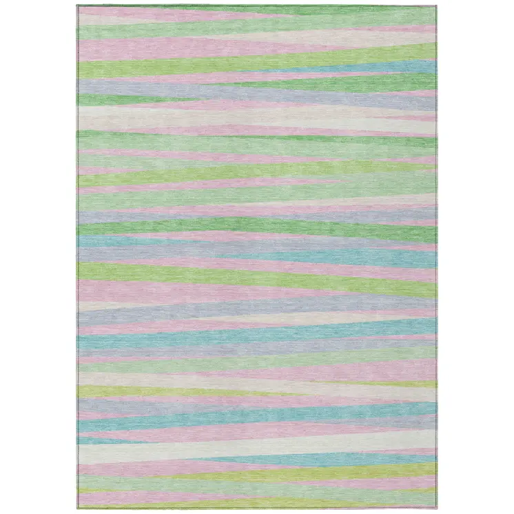 3' X 5' Mint Green Pink And Blue Striped Washable Indoor Outdoor Area Rug