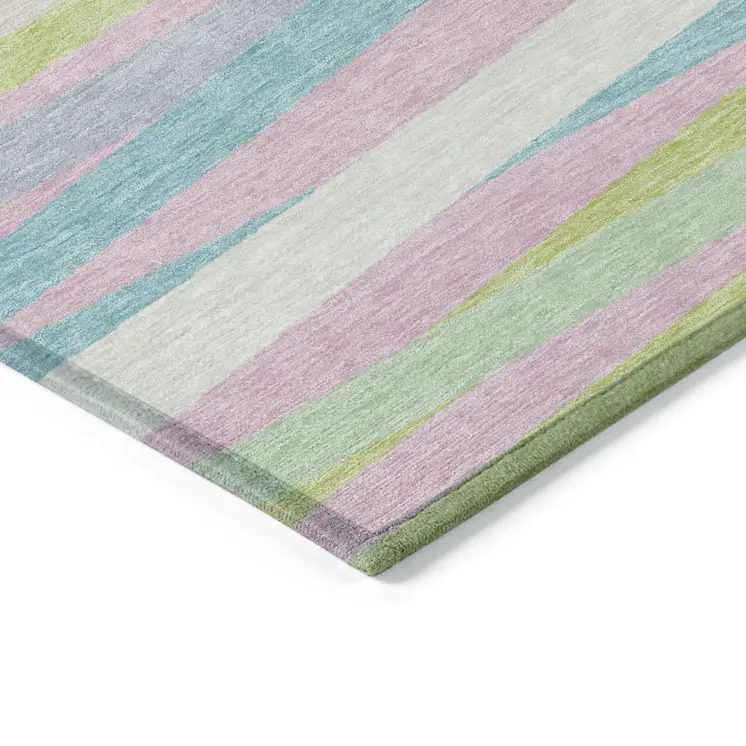 3' X 5' Mint Green Pink And Blue Striped Washable Indoor Outdoor Area Rug