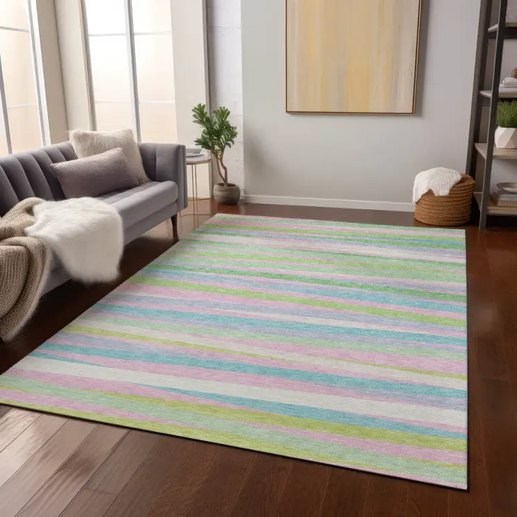 3' X 5' Mint Green Pink And Blue Striped Washable Indoor Outdoor Area Rug