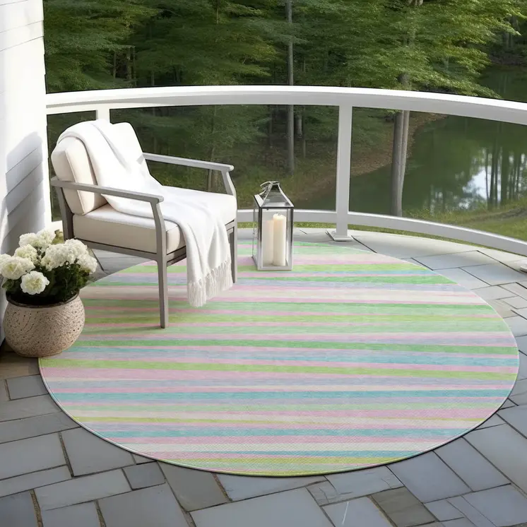 8' Mint Green Pink And Blue Round Striped Washable Indoor Outdoor Area Rug