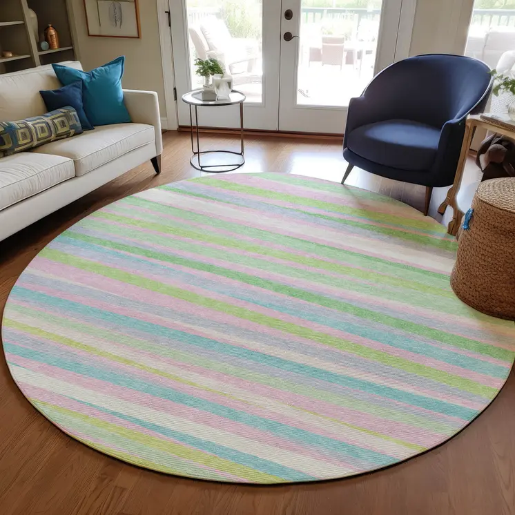 8' Mint Green Pink And Blue Round Striped Washable Indoor Outdoor Area Rug