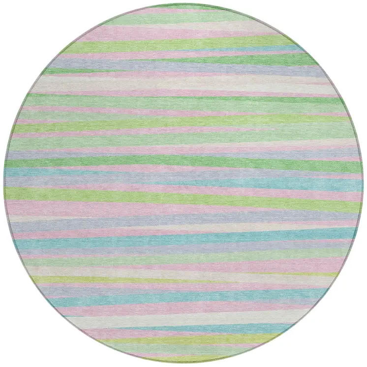 8' Mint Green Pink And Blue Round Striped Washable Indoor Outdoor Area Rug
