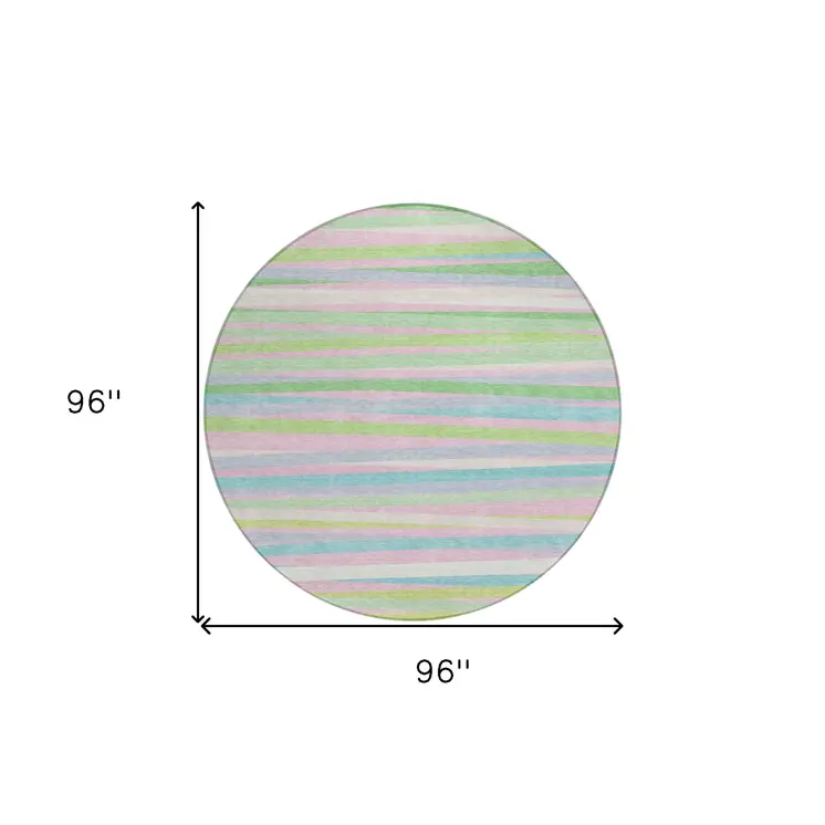 8' Mint Green Pink And Blue Round Striped Washable Indoor Outdoor Area Rug