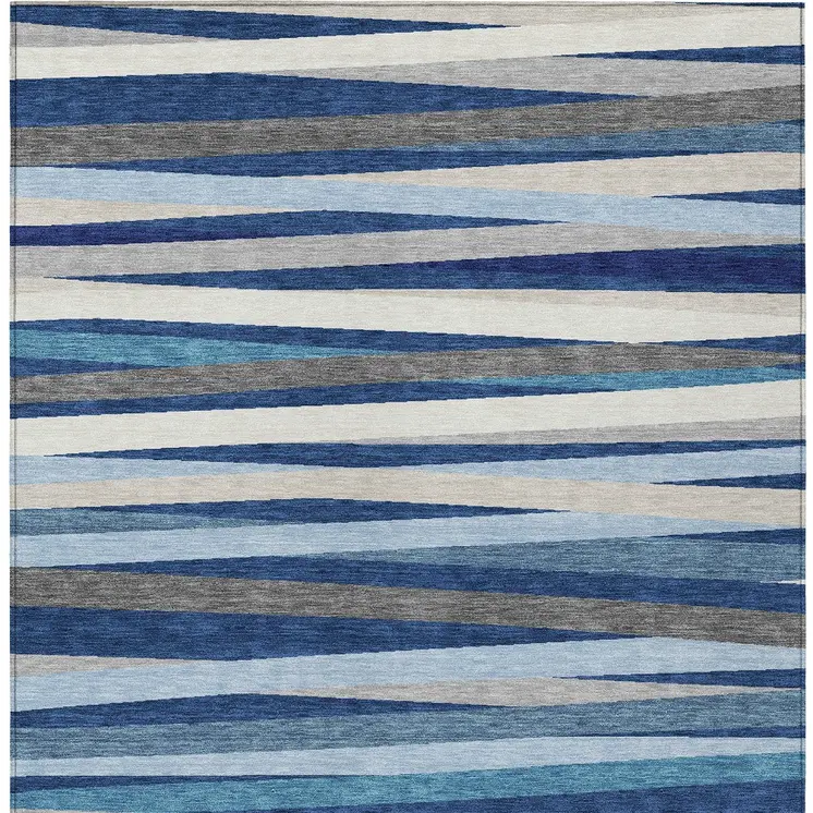 3' X 5' Navy Blue Ivory And Gray Striped Washable Indoor Outdoor Area Rug