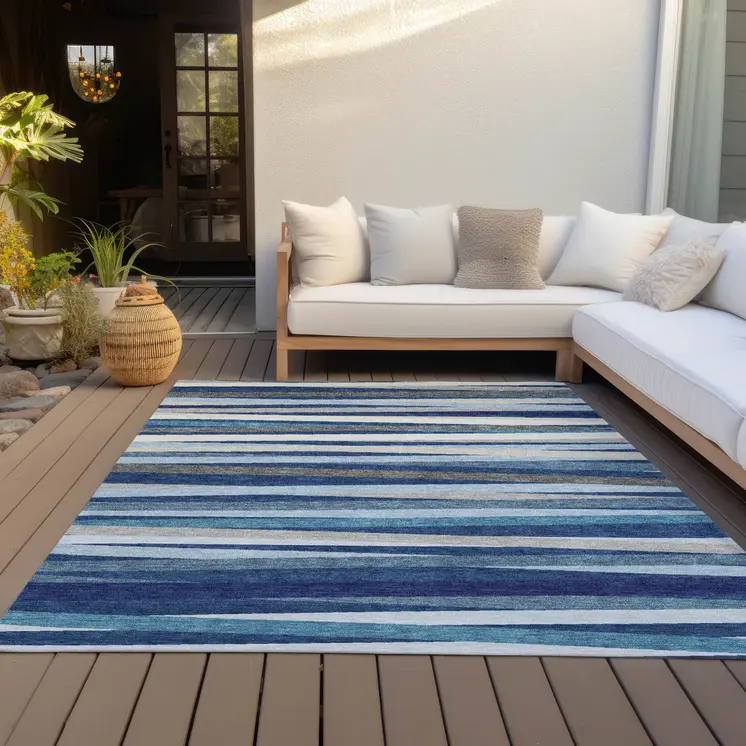 5' X 8' Navy Blue Ivory And Gray Striped Washable Indoor Outdoor Area Rug