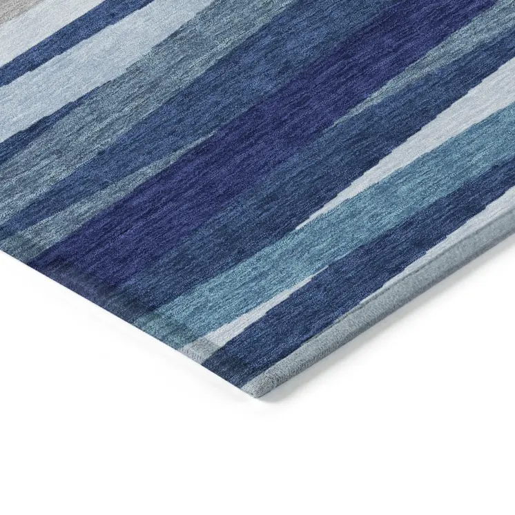 5' X 8' Navy Blue Ivory And Gray Striped Washable Indoor Outdoor Area Rug