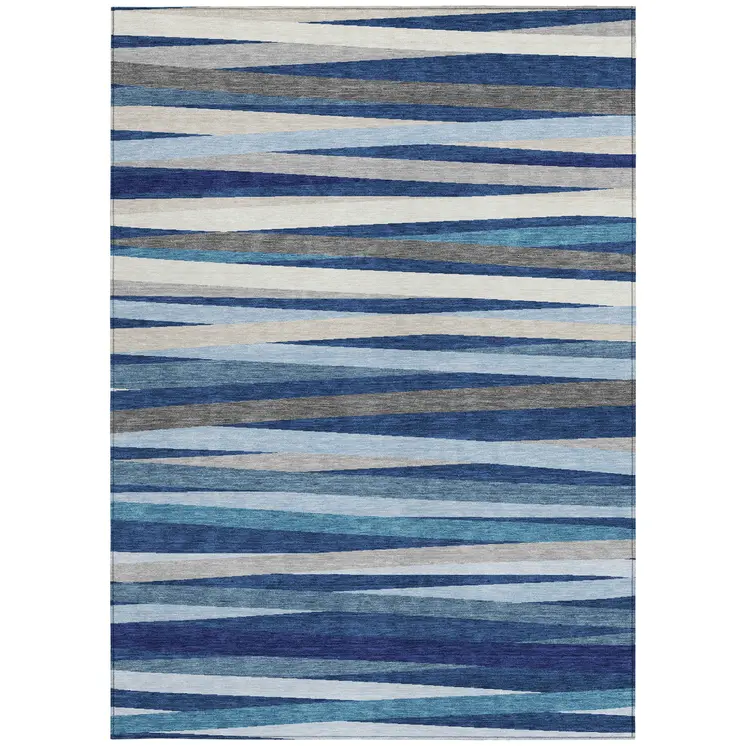 5' X 8' Navy Blue Ivory And Gray Striped Washable Indoor Outdoor Area Rug