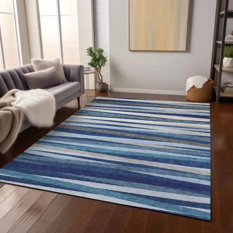 5' X 8' Navy Blue Ivory And Gray Striped Washable Indoor Outdoor Area Rug