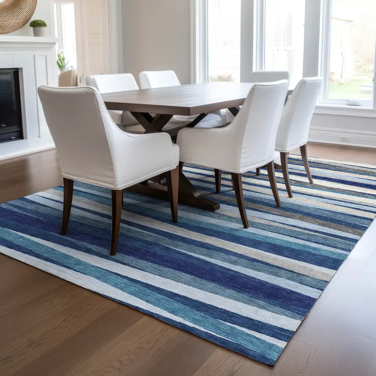 5' X 8' Navy Blue Ivory And Gray Striped Washable Indoor Outdoor Area Rug