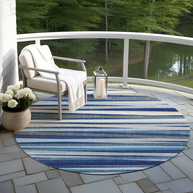 8' Navy Blue Ivory And Gray Round Striped Washable Indoor Outdoor Area Rug