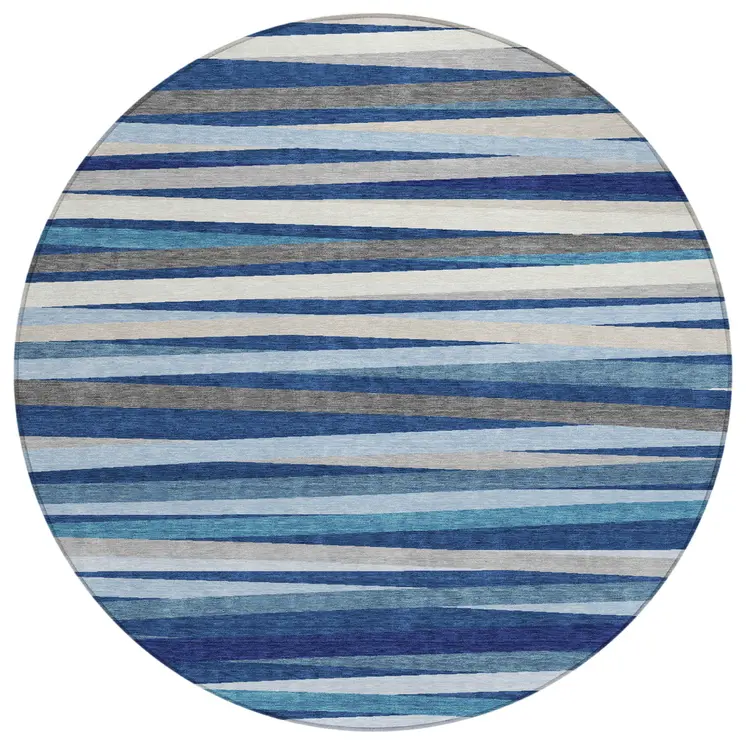 8' Navy Blue Ivory And Gray Round Striped Washable Indoor Outdoor Area Rug