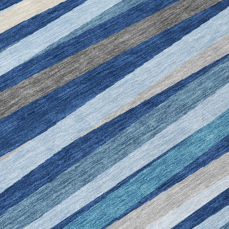 8' Navy Blue Ivory And Gray Round Striped Washable Indoor Outdoor Area Rug
