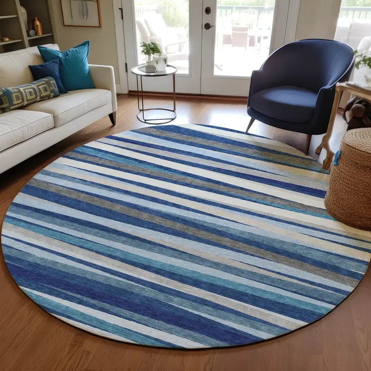 8' Navy Blue Ivory And Gray Round Striped Washable Indoor Outdoor Area Rug