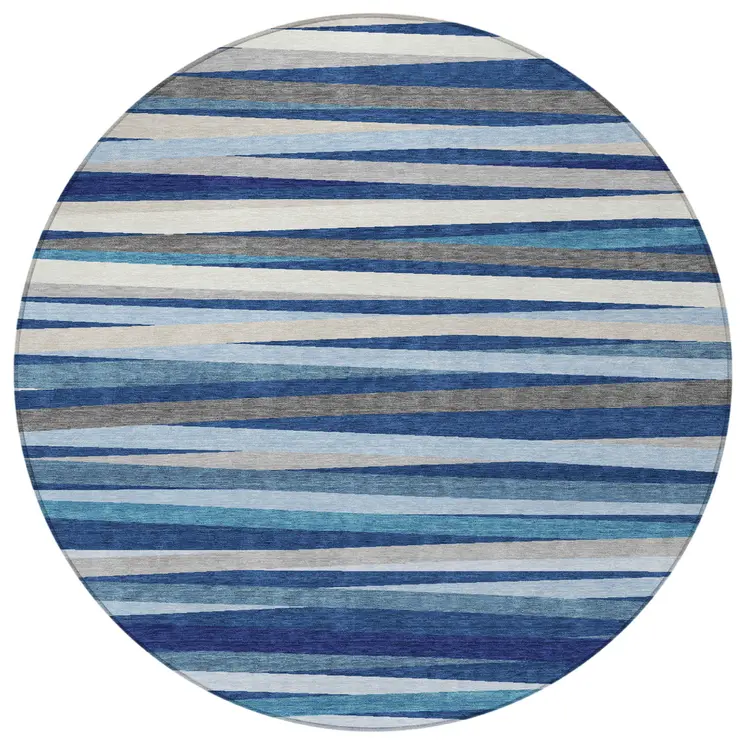 8' Navy Blue Ivory And Gray Round Striped Washable Indoor Outdoor Area Rug