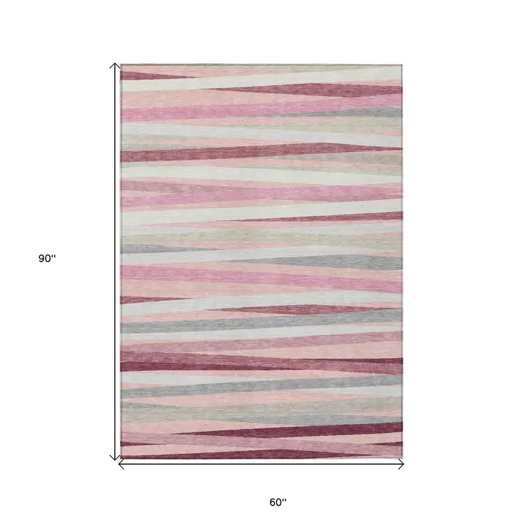 5' X 8' Pink Ivory And Gray Striped Washable Indoor Outdoor Area Rug