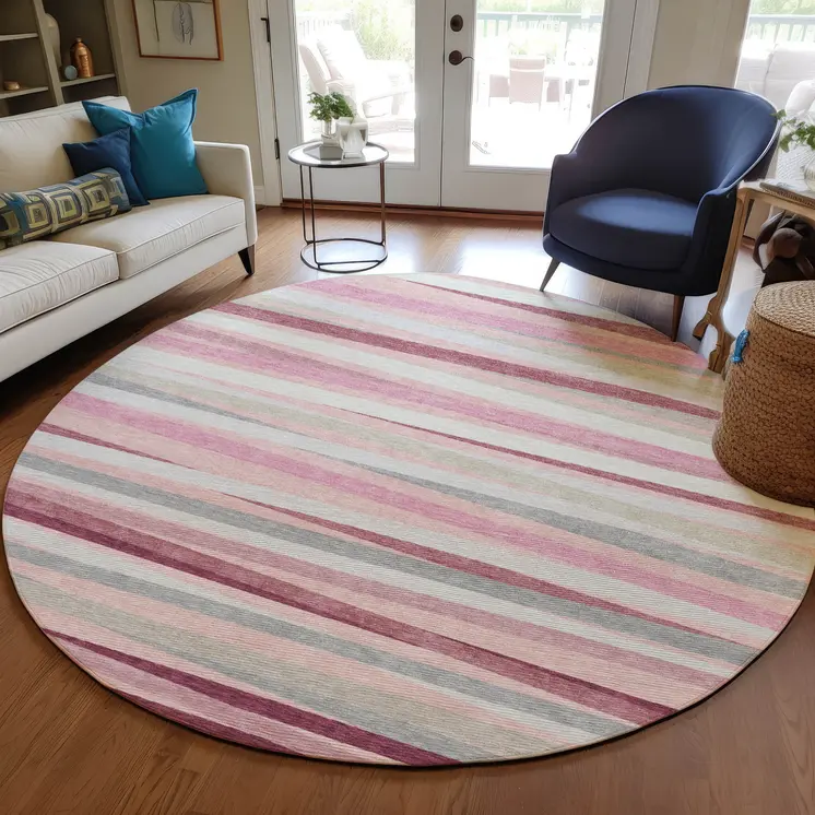 8' Pink Ivory And Gray Round Striped Washable Indoor Outdoor Area Rug