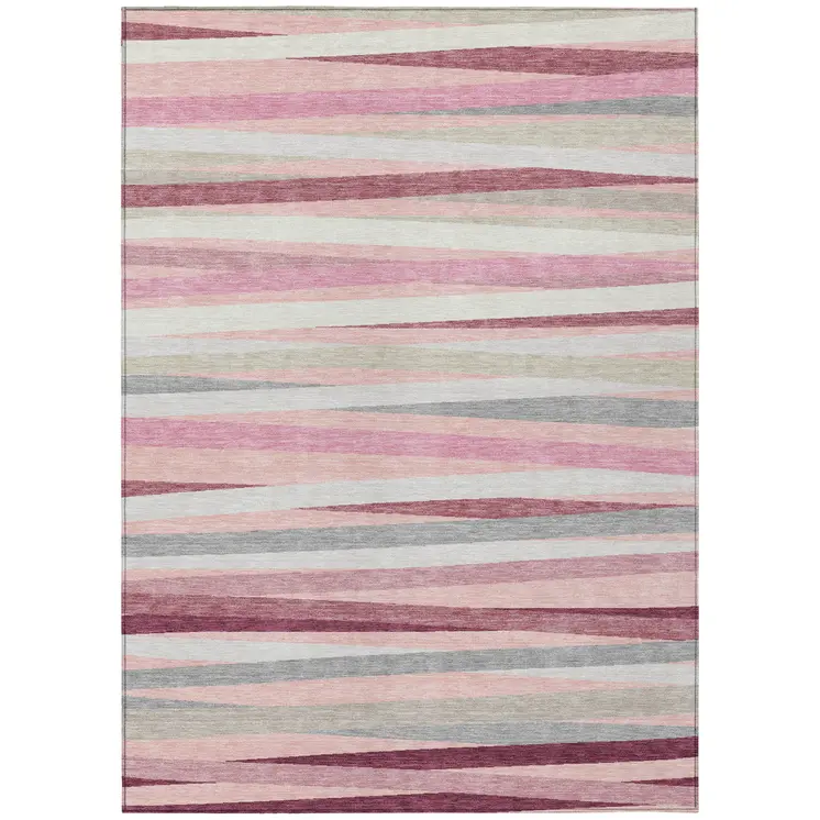 8' X 10' Pink Ivory And Gray Striped Washable Indoor Outdoor Area Rug