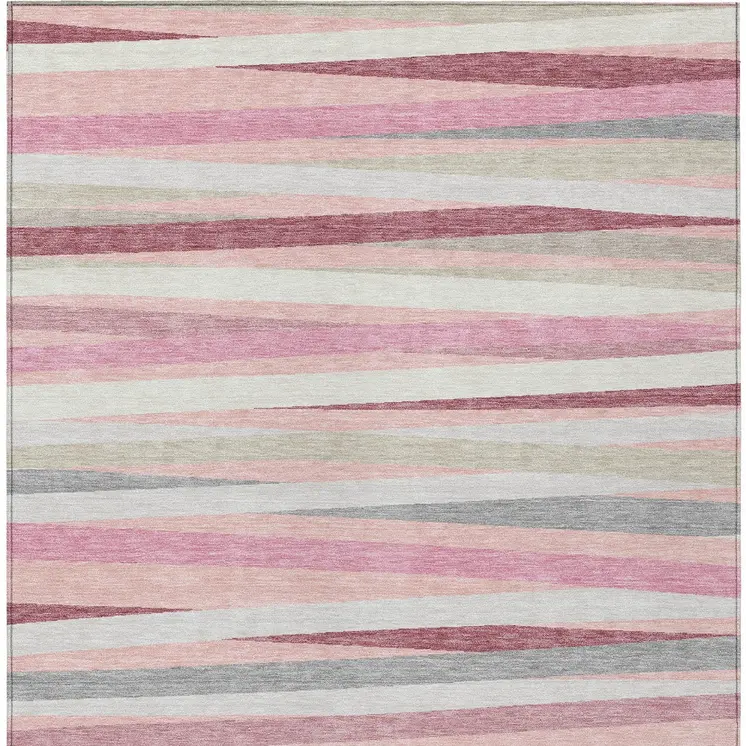 9' X 12' Pink Ivory And Gray Striped Washable Indoor Outdoor Area Rug